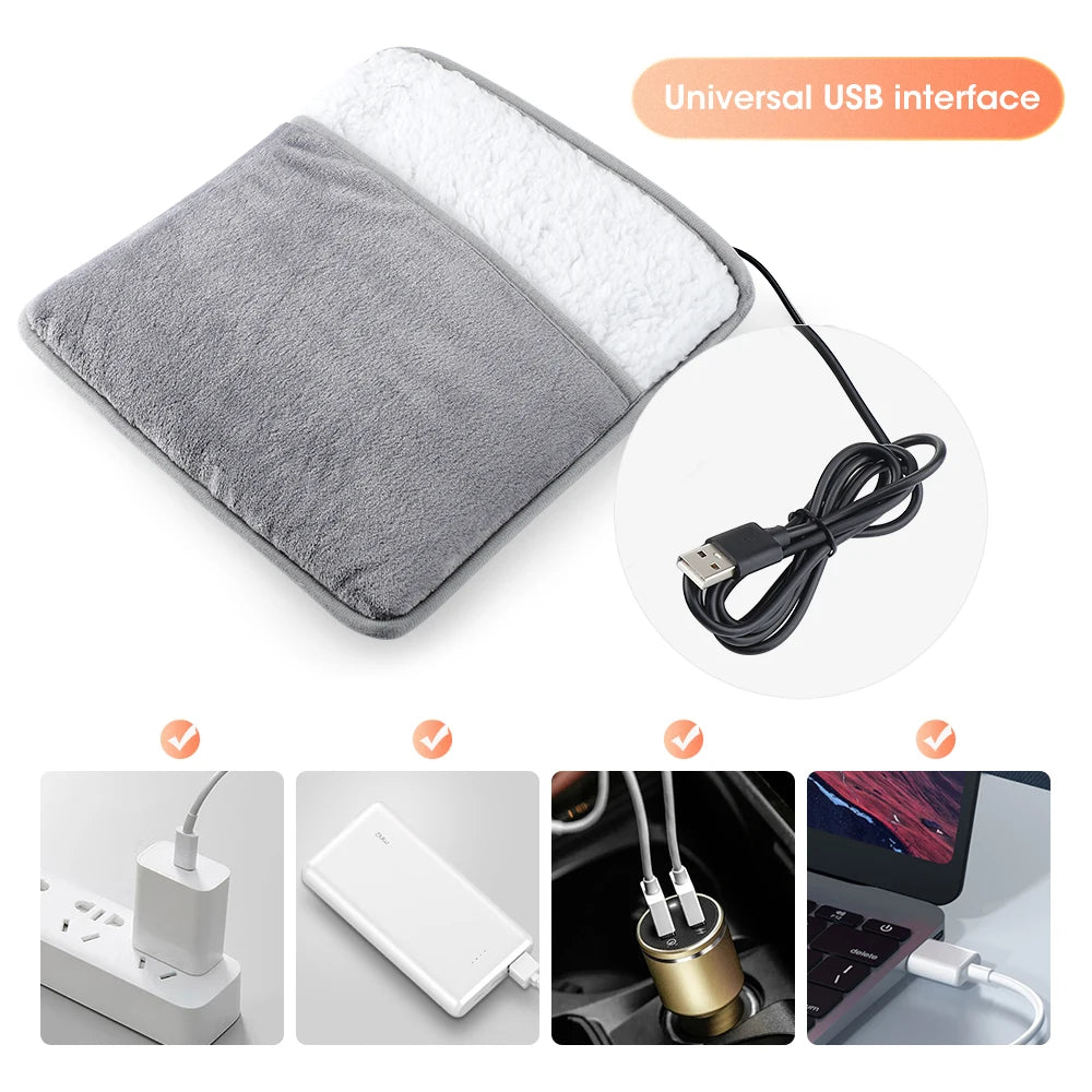 Gray USB heating foot warmer with soft fabric, showing universal USB interface and connectivity options.